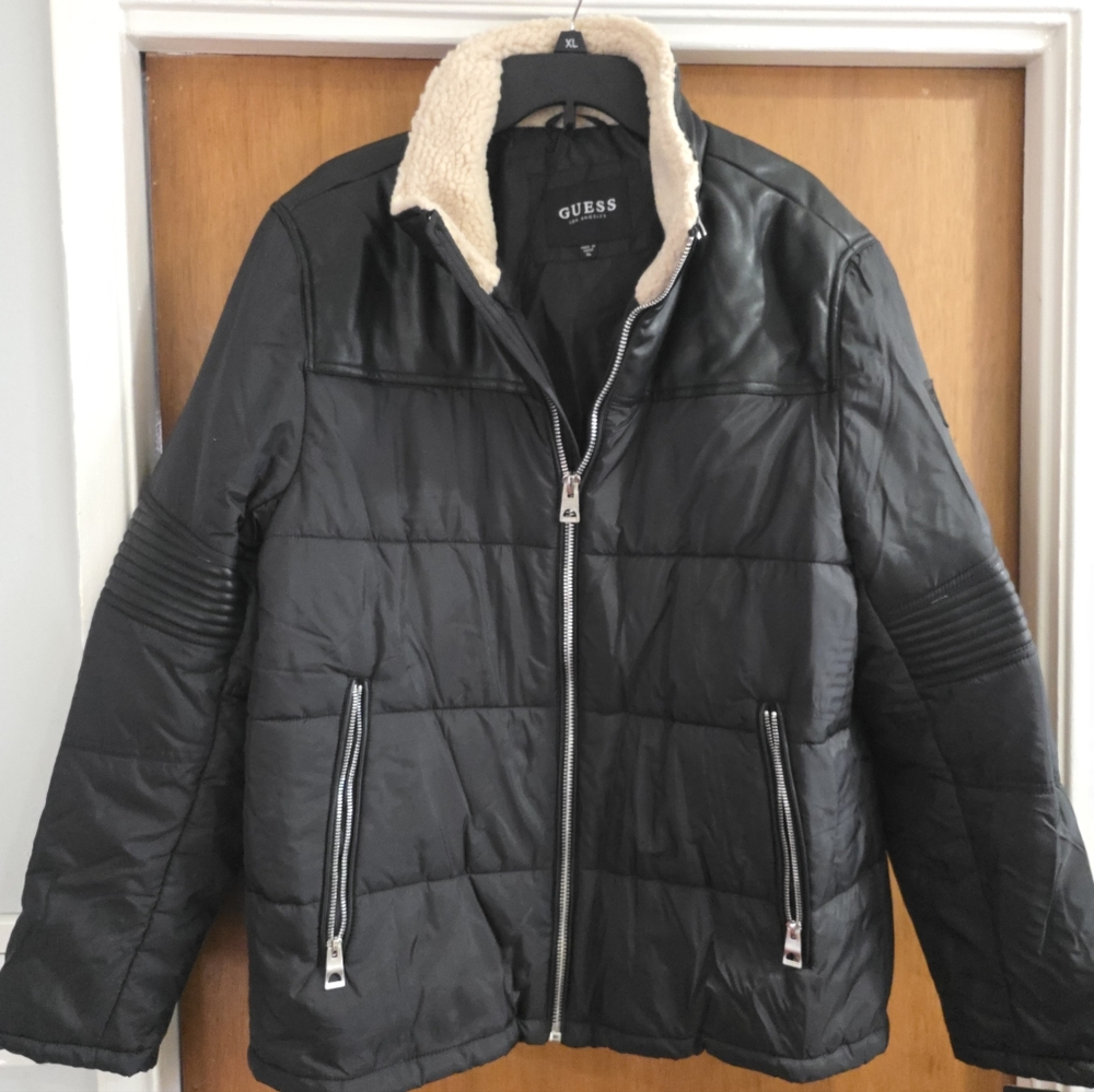 GUESS Men's Black Puffer Jacket Vegan Leather XL